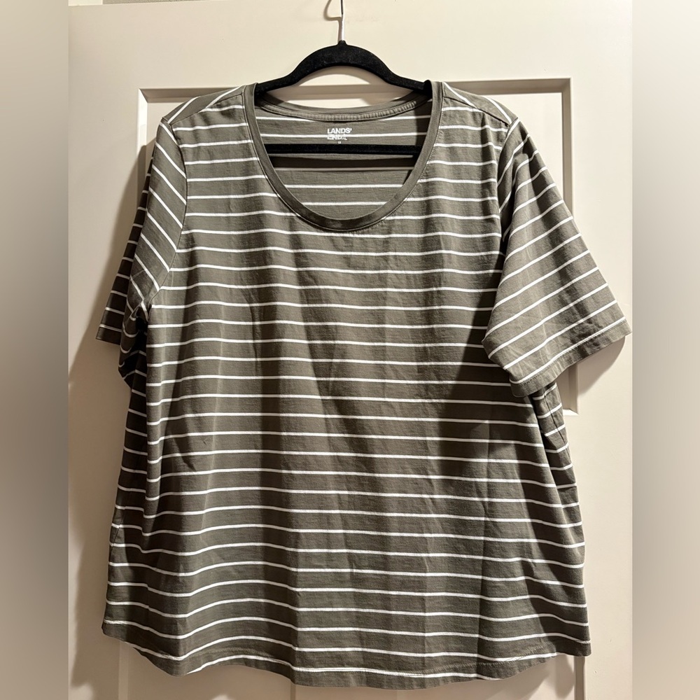 Lands' End Khaki and White Striped Tee - 1X - Cotton, Classic, Super Soft - NWOT